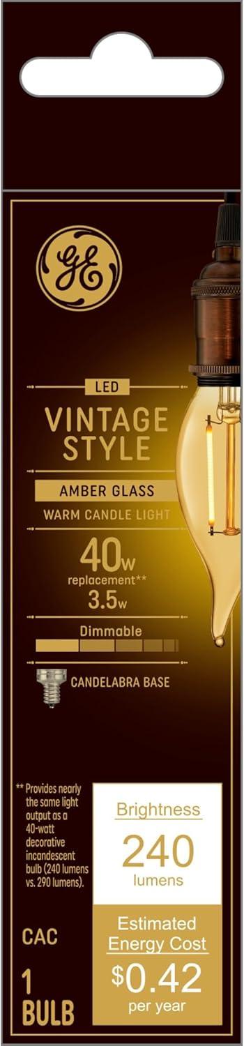 imageGE Vintage Style LED Light Bulbs 40 Watt Amber Finish Warm Candle Light Decorative Bulb Small Base 1 PackAmber