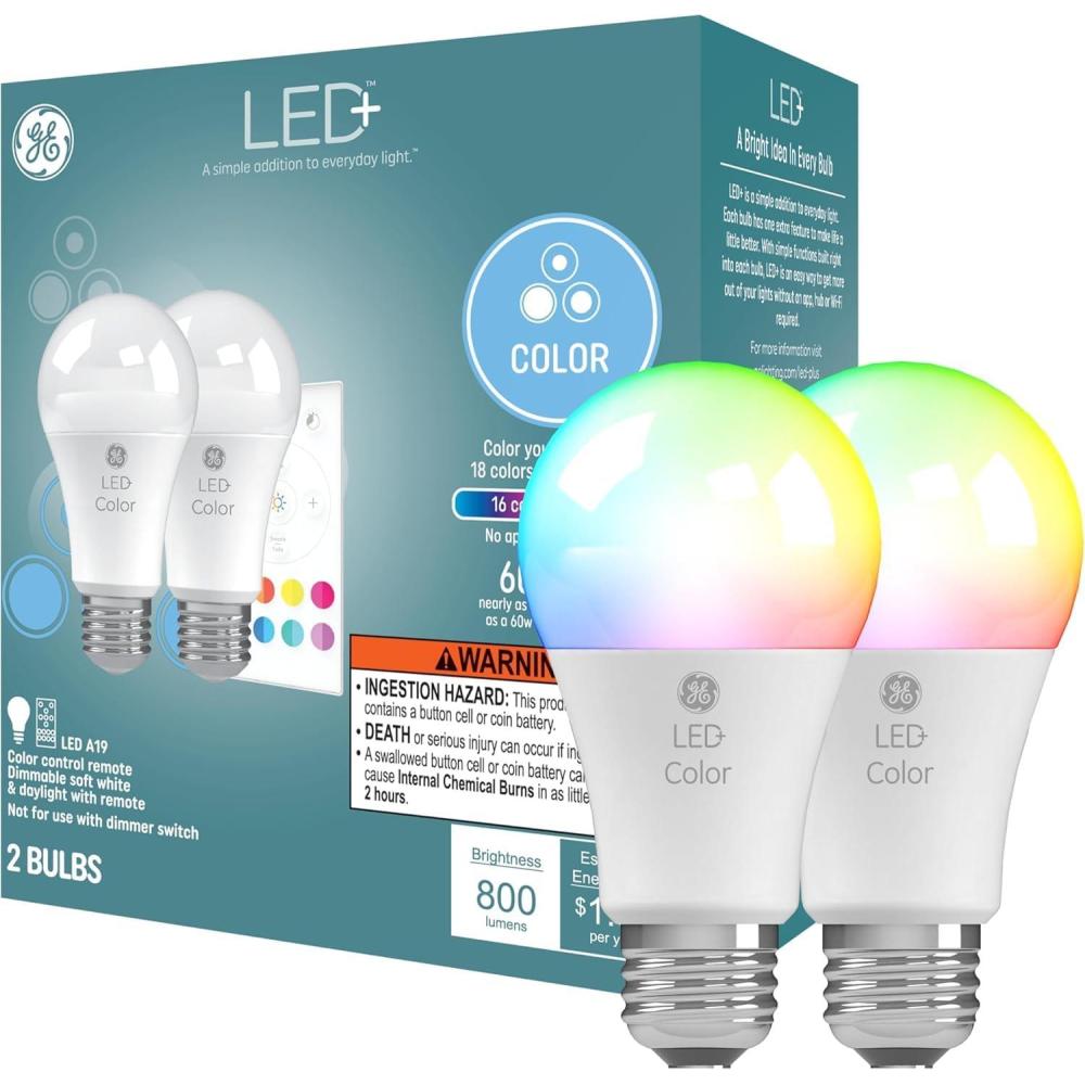 imageGE LED Color Changing LED Light Bulbs with Remote 95W No App or WiFi Required A19 3 Pack2 Bulbs