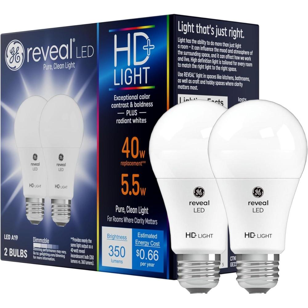 imageGE Lighting Reveal LED Light Bulbs 9 Watt 60 Watt Equivalent HD Light Standard Bulb Shape Medium Base Dimmable 2 Pack White40 Watt Eqv