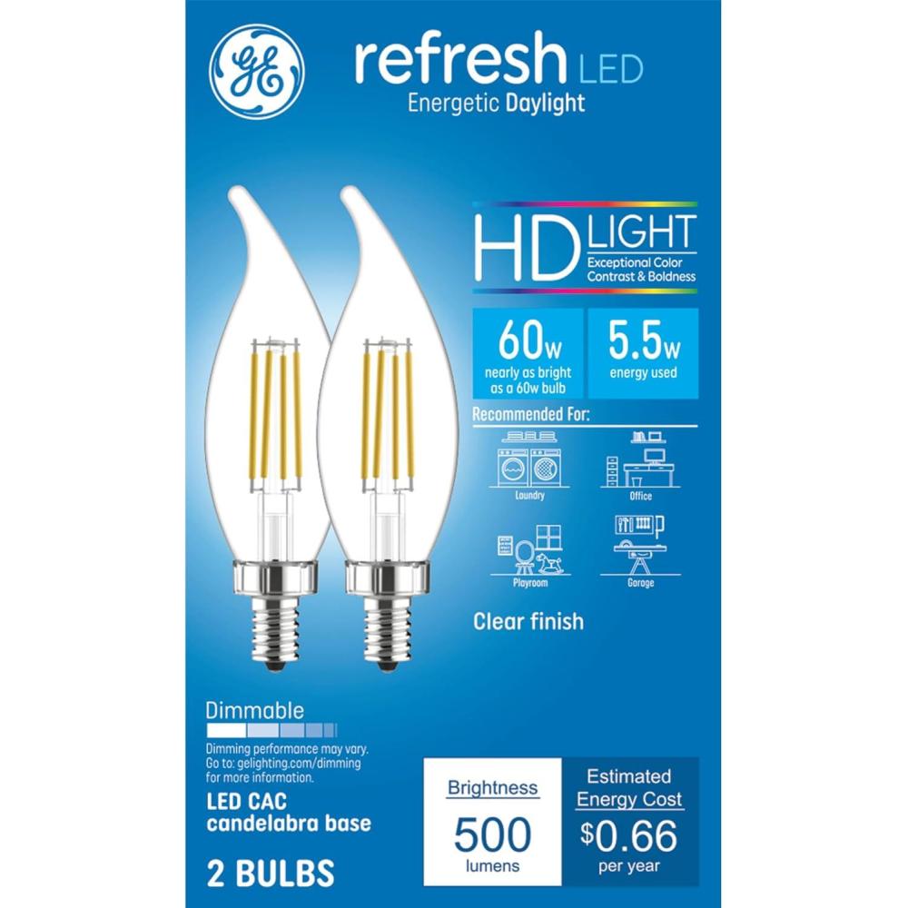 imageGE Refresh HD LED Light Bulbs 60 Watt Daylight Decorative Bulbs Clear Small Base 2 Pack