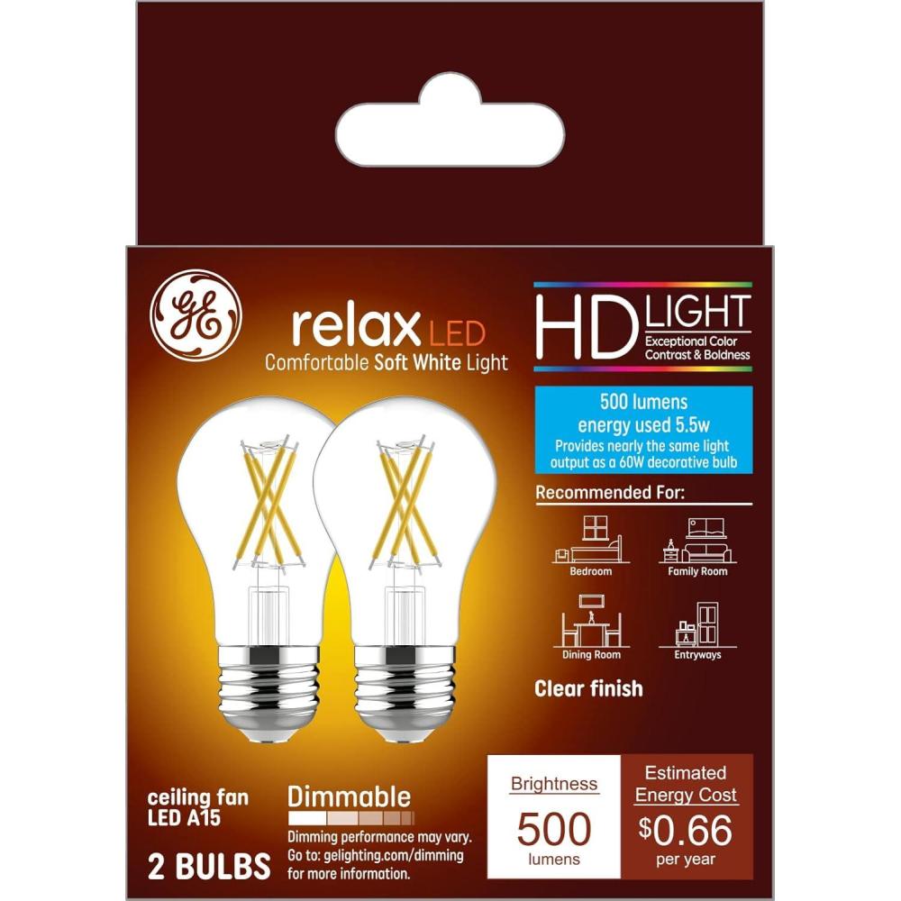 imageGE Refresh LED Light Bulbs 40 Watt Daylight A15 Ceiling Fan Bulbs 2 PackClear