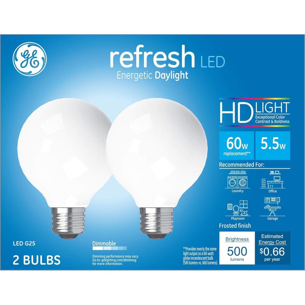 imageGE Refresh LED Light Bulbs 60 Watt Daylight G25 Globe Bulbs Medium Base 2 Pack2 Bulbs