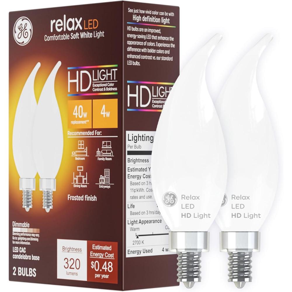 imageGE Relax HD LED Light Bulbs CA11 Decorative Bulbs Soft White 40W Equivalent Dimmable Frosted Finish E12 Candelabra Base 24 Pack2 Pack