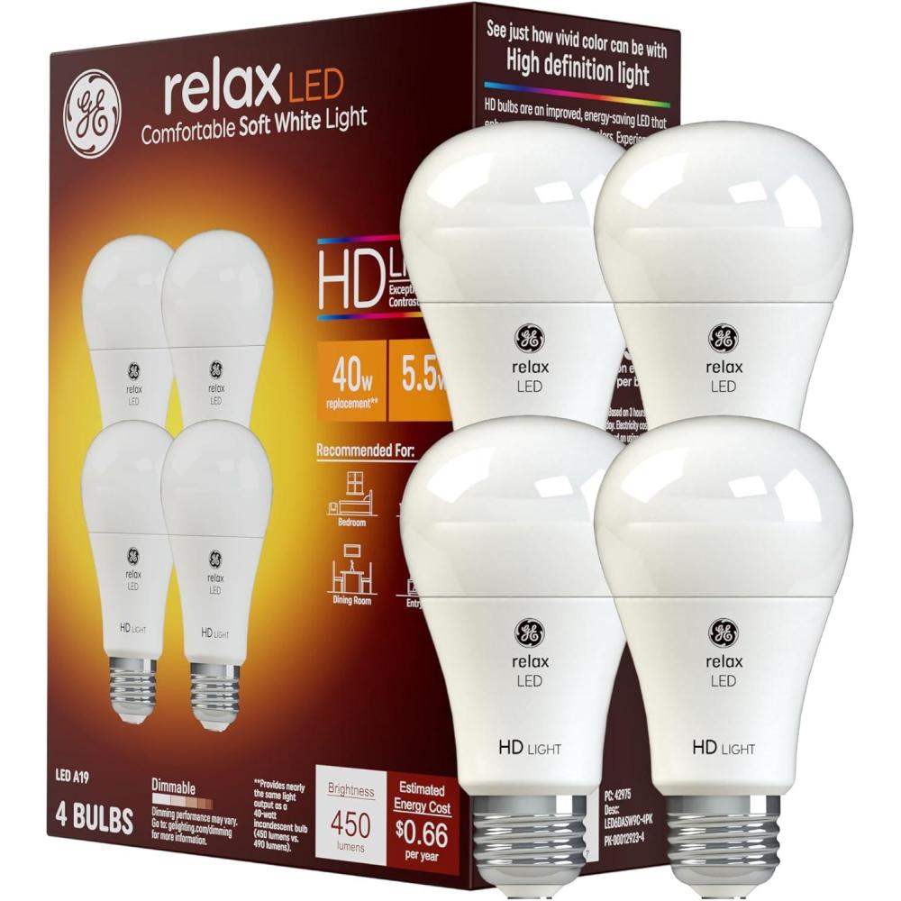 imageGE Relax LED Light Bulbs 60 Watt Soft White A19 4 Pack40W  4pk