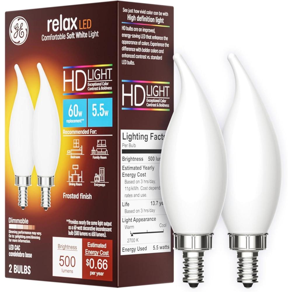imageGE Relax LED Light Bulbs Candle Lights 60 Watts Soft White Frosted Decorative CA11 Bulbs Small Base 2 Pack2 Bulbs