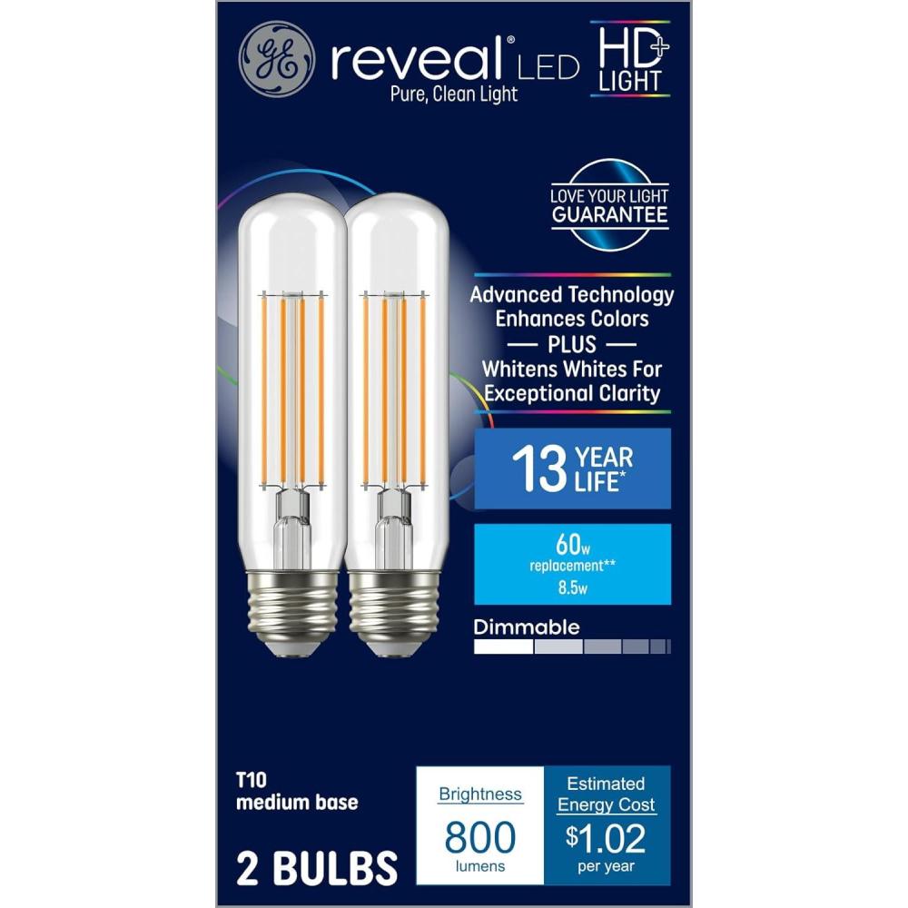imageGE Reveal HD LED Light Bulbs 60 Watt T10 Decorative Tube Lights 8 Pack