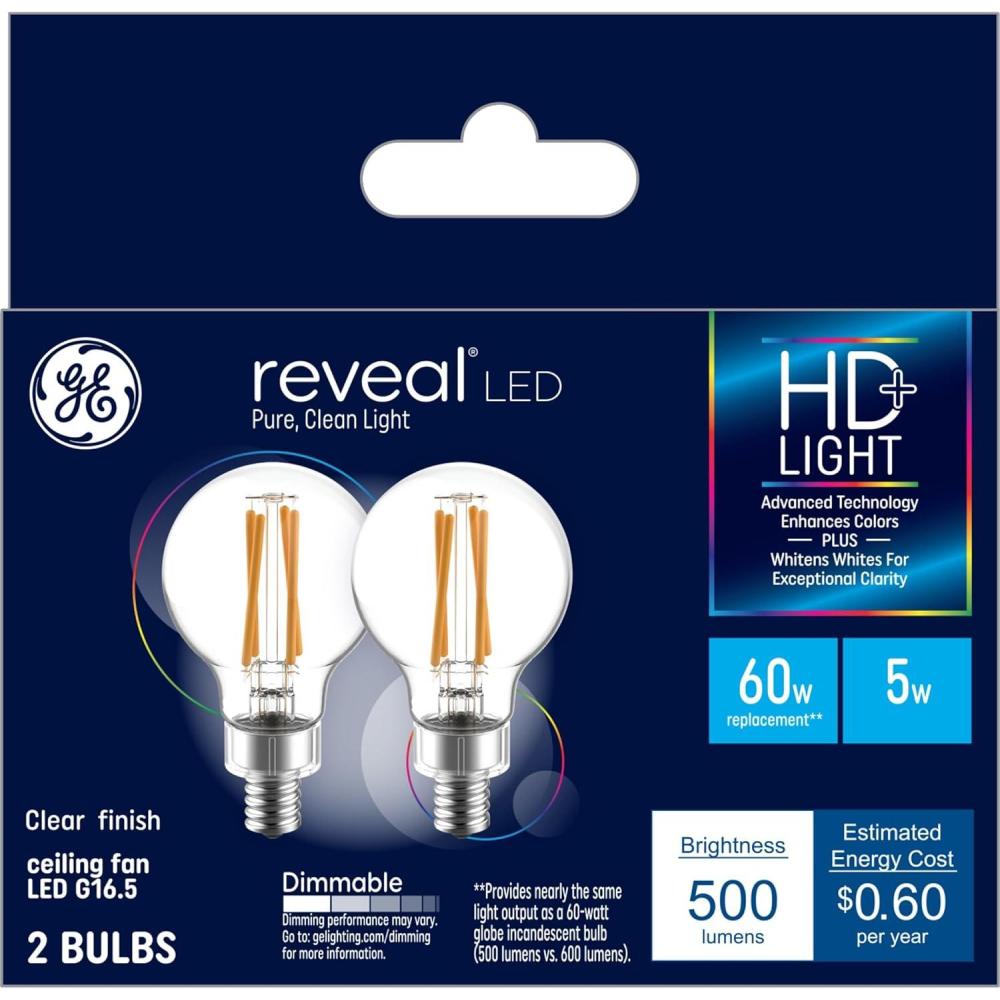 imageGE Reveal LED Light Bulbs 60 Watt A15 Ceiling Fan Bulbs Clear Small Base 2 PackSmall Base