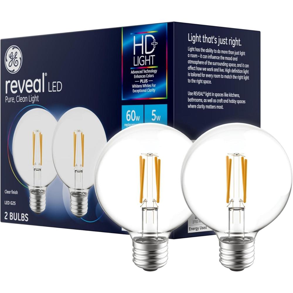 imageGE Reveal LED Light Bulbs 60 Watt G25 Globe Bulbs Medium Base 2 Pack