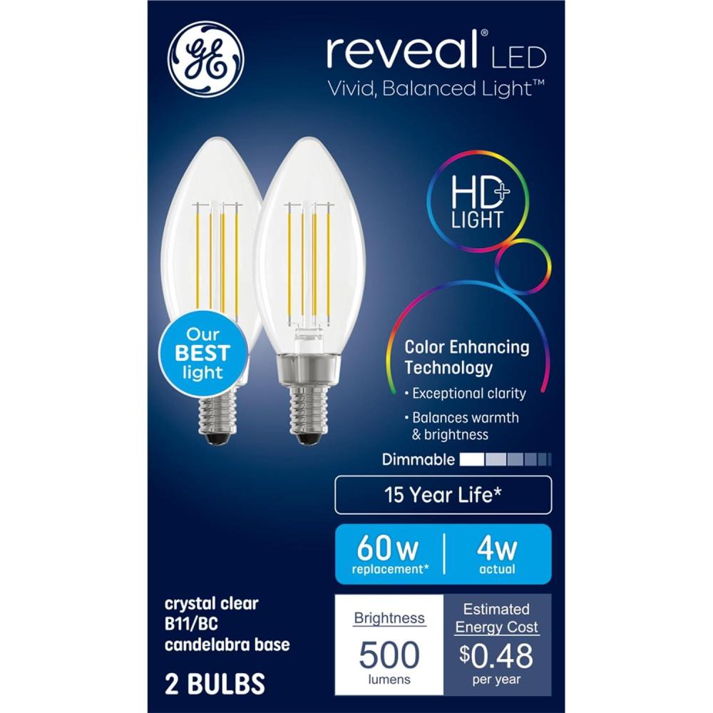 imageGE Reveal LED Light Bulbs Candle Lights 60 Watts Clear Decorative B11 Bulbs Small Base 2 Pack
