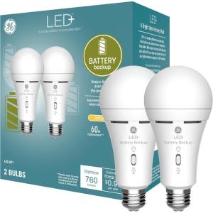 GE LED+ Backup Battery LED Light Bulbs, A21 Rechargeable Light Bulbs for Power Outages and Emergencies, Flashlight, 3 Color Temperatures (2 Pack)(A21)