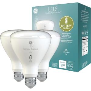 GE LED+ Backup Battery LED Light Bulbs, A21 Rechargeable Light Bulbs for Power Outages and Emergencies, Flashlight, 3 Color Temperatures (2 Pack)(BR30)