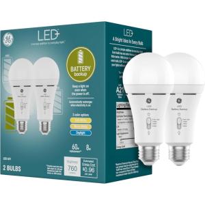 GE LED+ Backup Battery LED Light Bulbs, A21 Rechargeable Light Bulbs for Power Outages and Emergencies, Flashlight, 3 Color Temperatures (2 Pack)(Standard A21)