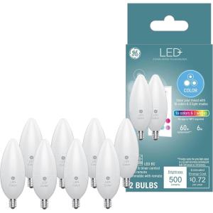 GE LED+ Color Changing Candle LED Light Bulbs with Remote, 6W, Decorative Bulbs, Small Base (8 Pack)(93130394)
