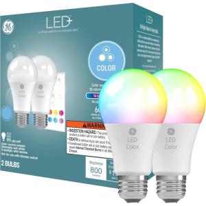 GE LED+ Color Changing LED Light Bulbs with Remote, 9.5W, No App or Wi-Fi Required, A19 (3 Pack)(2 Bulbs)