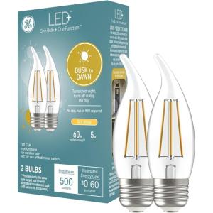 GE LED+ Dusk to Dawn LED Light Bulbs, Security Lights, 60 Watt Replacement, Decorative ST19 Bulbs, Medium Base, Color Select (2 Pack)(Soft White)