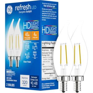 GE Refresh HD Bent Tip Dimmable LED Light Bulbs (40 Watt Replacement LED Light Bulbs), 300 Lumen, Candelabra Light Bulb Base, Daylight, 2-Pack LED Bulbs(CA11)