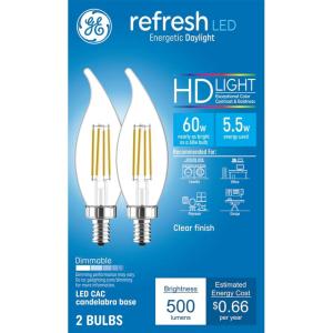 GE Refresh HD LED Light Bulbs, 60 Watt, Daylight, Decorative Bulbs, Clear, Small Base (2 Pack)