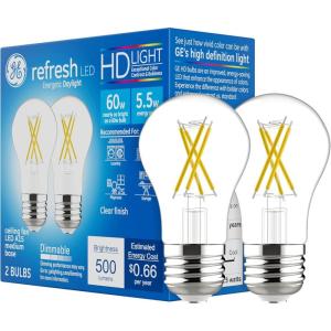 GE Refresh LED Light Bulbs, 60 Watt, Daylight, A15 Celling Fan Bulbs, Clear Finish (2 Pack)(Clear 500 Lumens)