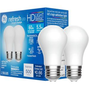 GE Refresh LED Light Bulbs, 60 Watt, Daylight, A15 Celling Fan Bulbs, Clear Finish (2 Pack)(Frosted 500 Lumens)