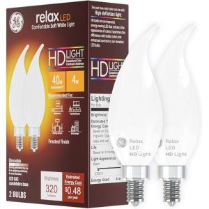 GE Relax HD LED Light Bulbs, CA11 Decorative Bulbs, Soft White, 40W Equivalent, Dimmable, Frosted Finish, E12 Candelabra Base, 24 Pack(2 Pack)