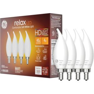 GE Relax HD LED Light Bulbs, CA11 Decorative Bulbs, Soft White, 40W Equivalent, Dimmable, Frosted Finish, E12 Candelabra Base, 24 Pack(4 Pack)