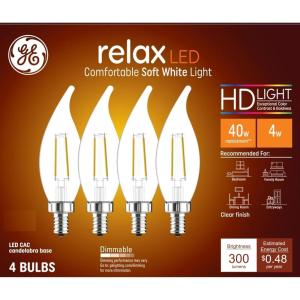 GE Relax LED Light Bulbs, 40 Watt, Daylight, Decorative Bulbs, Clear, Small Base (4 Pack)(Soft White)