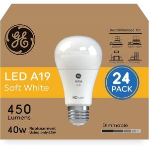 GE Relax LED Light Bulbs, 60 Watt, Soft White, A19 (4 Pack)(40W – 24pk)