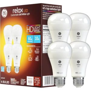 GE Relax LED Light Bulbs, 60 Watt, Soft White, A19 (4 Pack)(60W – 4pk)