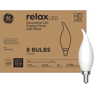 GE Relax LED Light Bulbs 60W, Soft White Candle Lights, Decorative Light Bulbs, Frosted, Small Base (8 Pack)