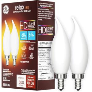 GE Relax LED Light Bulbs, Candle Lights, 60 Watts, Soft White Frosted Decorative CA11 Bulbs, Small Base (2 Pack)(2 Bulbs)