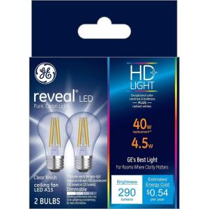 GE Reveal HD+ LED Light Bulbs, 40 Watt, A15 Ceiling Fan Bulbs (2 Pack)(Clear)