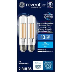 GE Reveal HD+ LED Light Bulbs, 60 Watt, T10 Decorative Tube Lights (8 Pack)