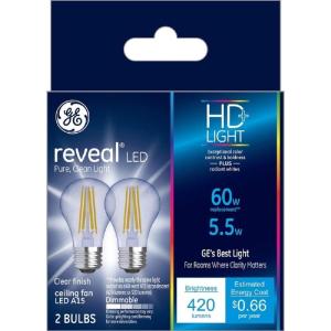 GE Reveal LED Light Bulbs, 60 Watt, A15 Ceiling Fan Bulbs, Clear, Small Base (2 Pack)(Medium Base)