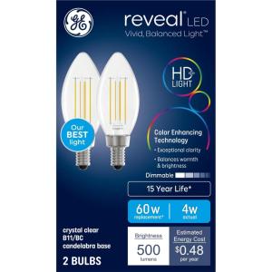 GE Reveal LED Light Bulbs, Candle Lights, 60 Watts, Clear Decorative B11 Bulbs, Small Base (2 Pack)