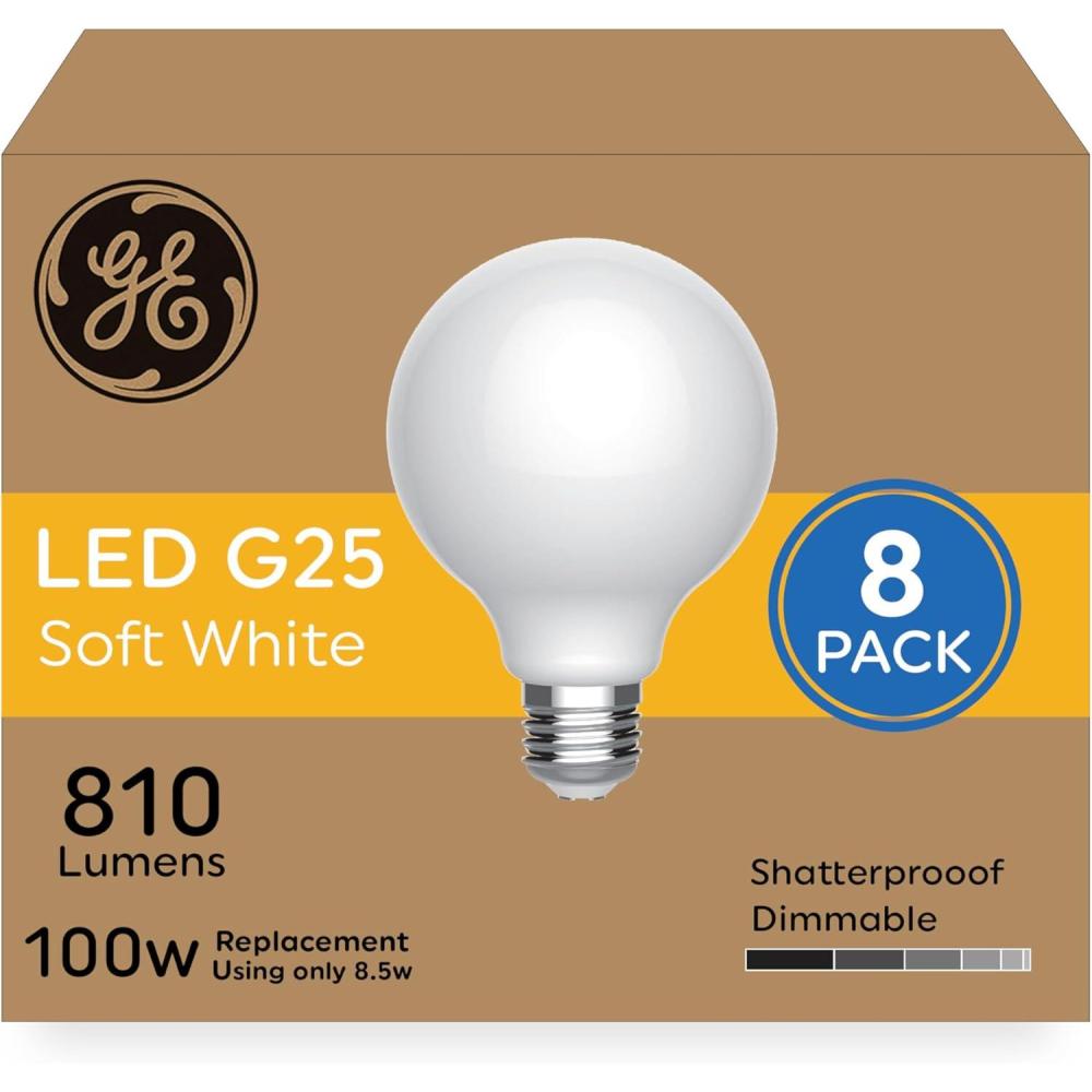 imageGE Ultra Bright LED Light Bulbs 100 Watt Equivalent Soft White Frosted G25 Globe Bulbs 8 PackSoft White