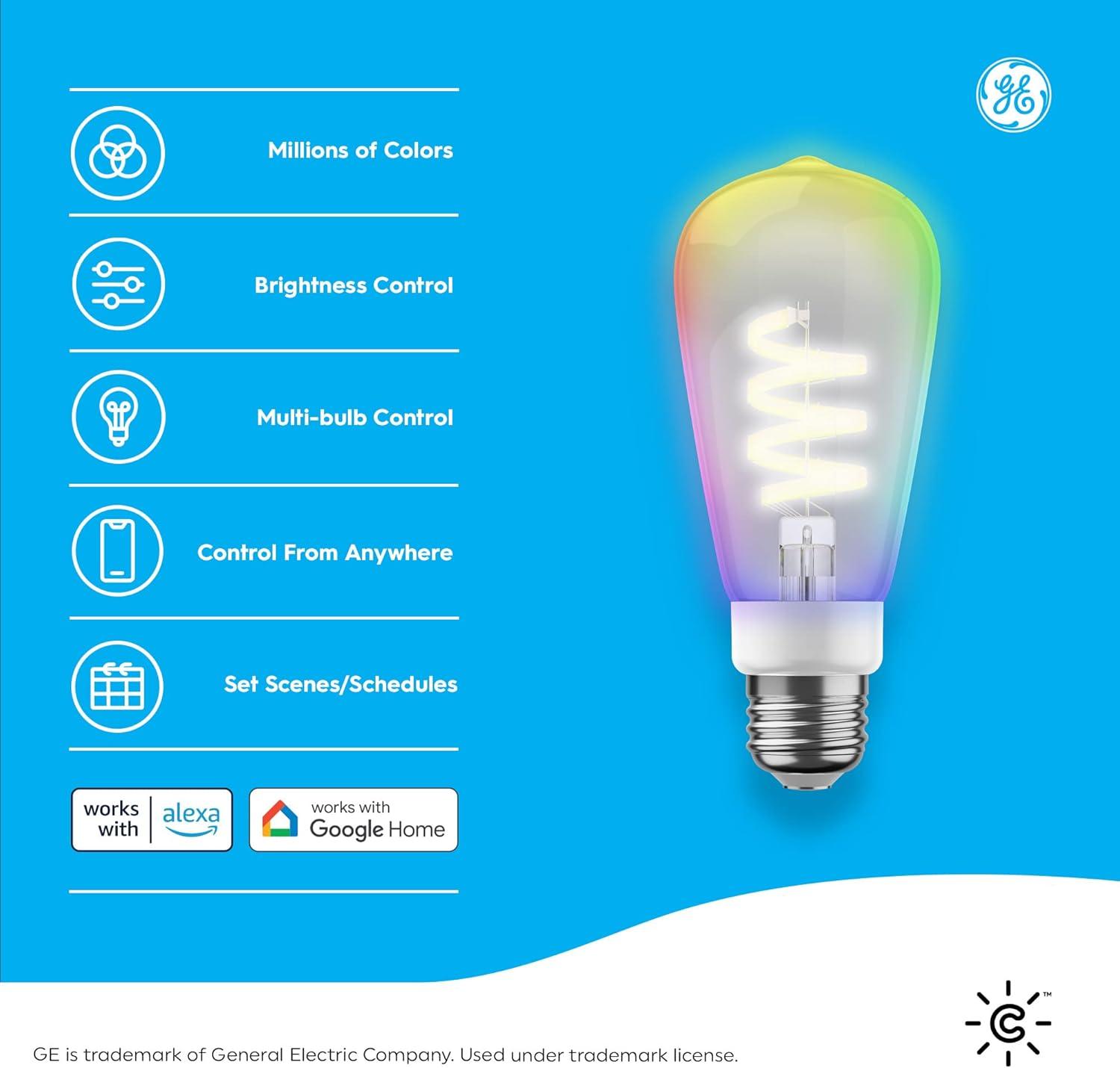 imageCync GE Smart LED Light Bulb ST19 Edison Style Room Decor Aesthetic Color Changing WiFi Light 60W Equivalent Works with Amazon Alexa and Google Home Pack of 2Full Color