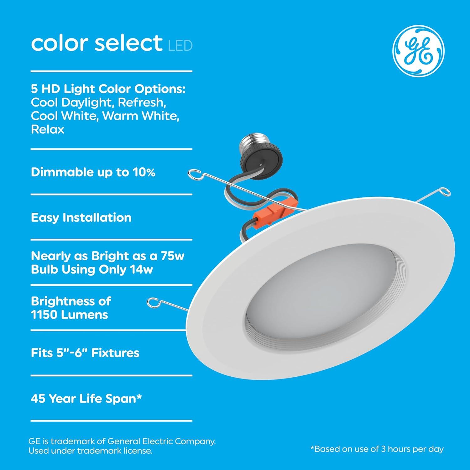 imageGE Color Select LED Recessed Downlight Fixture RS6 Indoor Floodlight 6Inch Multiple Color Temperatures 75 Watt Replacement 3 Pack850 Lumens