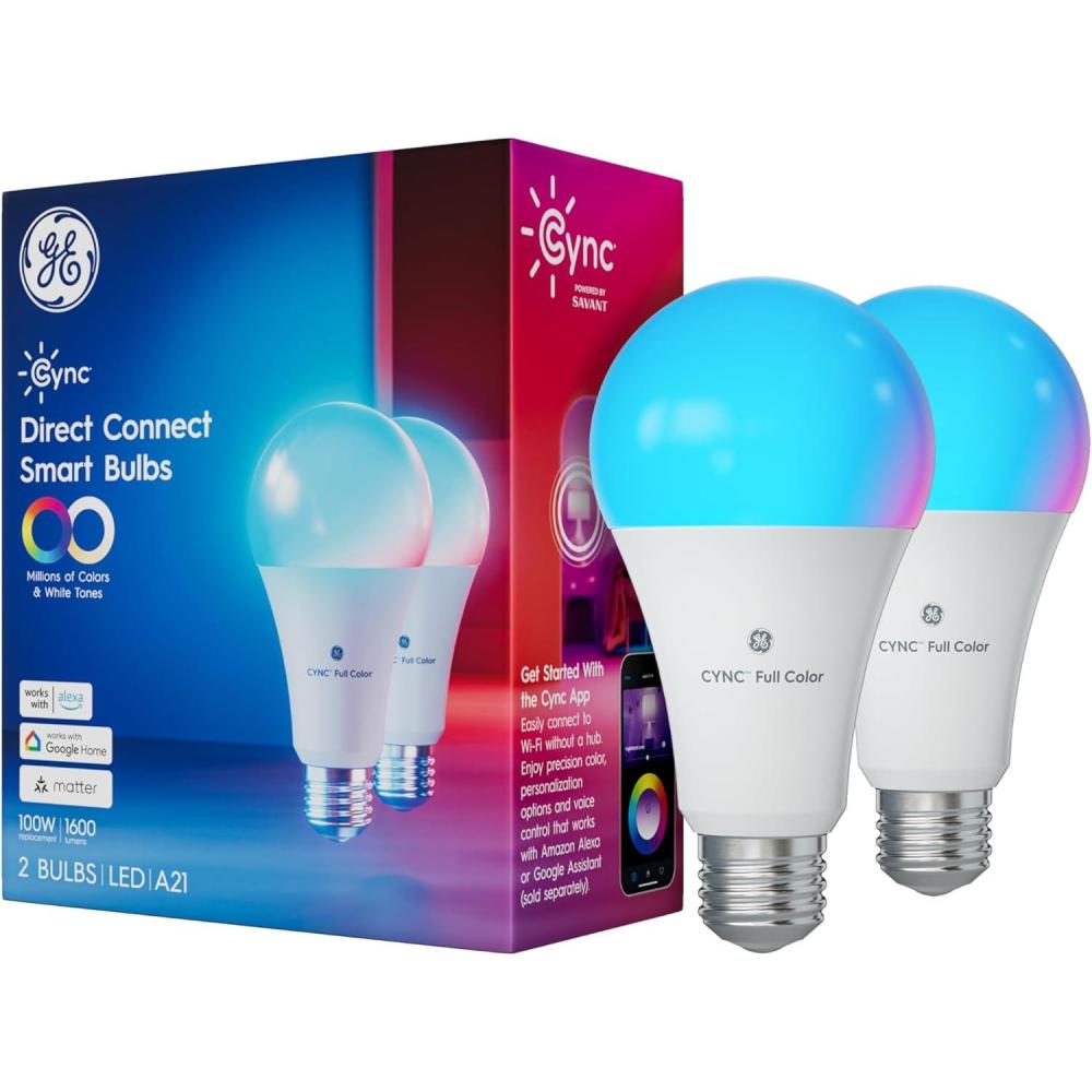 imageCync GE Direct Connect A21 Smart LED Light Bulbs Color Changing Smart Lights Matter Compatible Compatible with Alexa and Google Home 2 PackFull Color Works With Matter