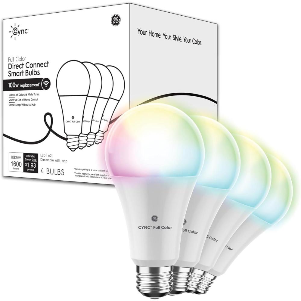 imageCync GE Direct Connect A21 Smart LED Light Bulbs Color Changing Smart Lights Matter Compatible Compatible with Alexa and Google Home 2 PackFull Color