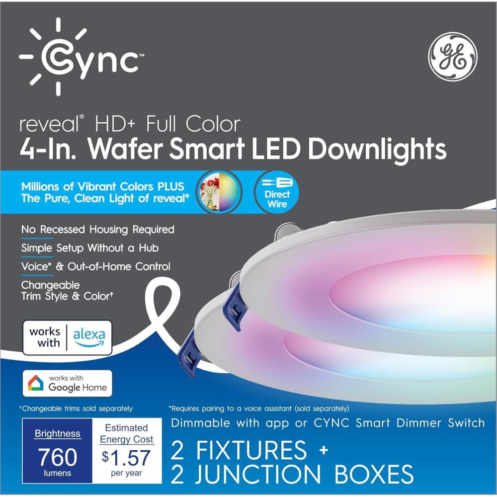 imageCync GE Reveal HD Wafer Smart LED Downlight Fixture Full Color Changing Lights WiFi and Bluetooth LED Lights 760 Lumens Works with Google Home and Amazon Alexa 4 Inches 2 Pack4in  2pk