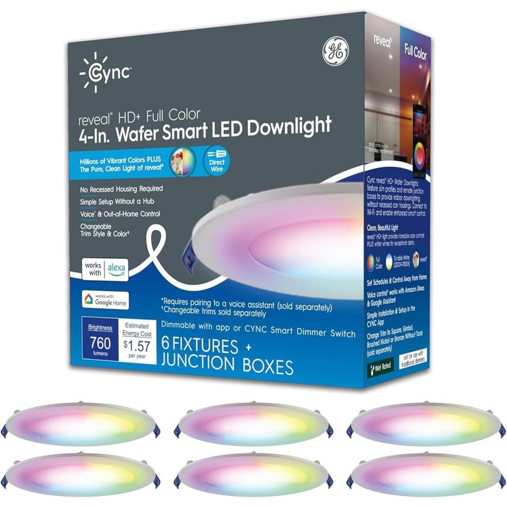 imageCync GE Reveal HD Wafer Smart LED Downlight Fixture Full Color Changing Lights WiFi and Bluetooth LED Lights 760 Lumens Works with Google Home and Amazon Alexa 4 Inches 2 Pack4in  6pk
