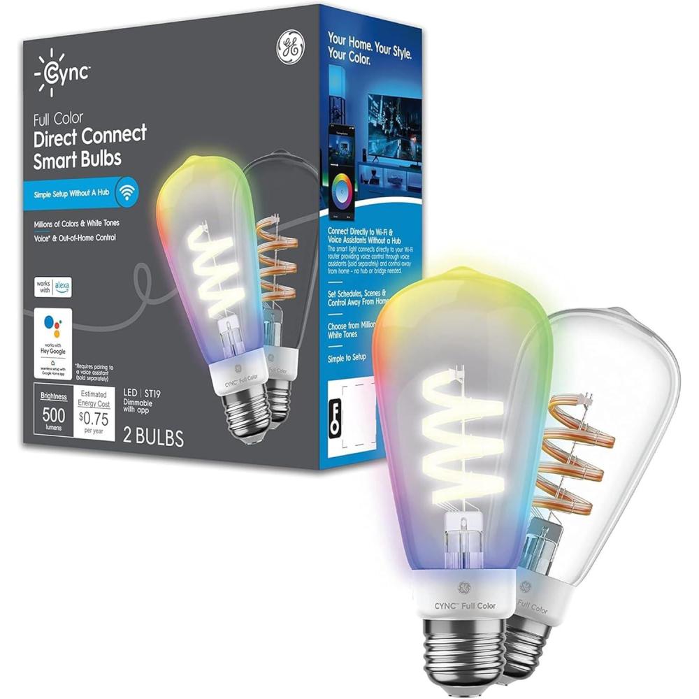 imageCync GE Smart LED Light Bulb ST19 Edison Style Room Decor Aesthetic Color Changing WiFi Light 60W Equivalent Works with Amazon Alexa and Google Home Pack of 2Full Color