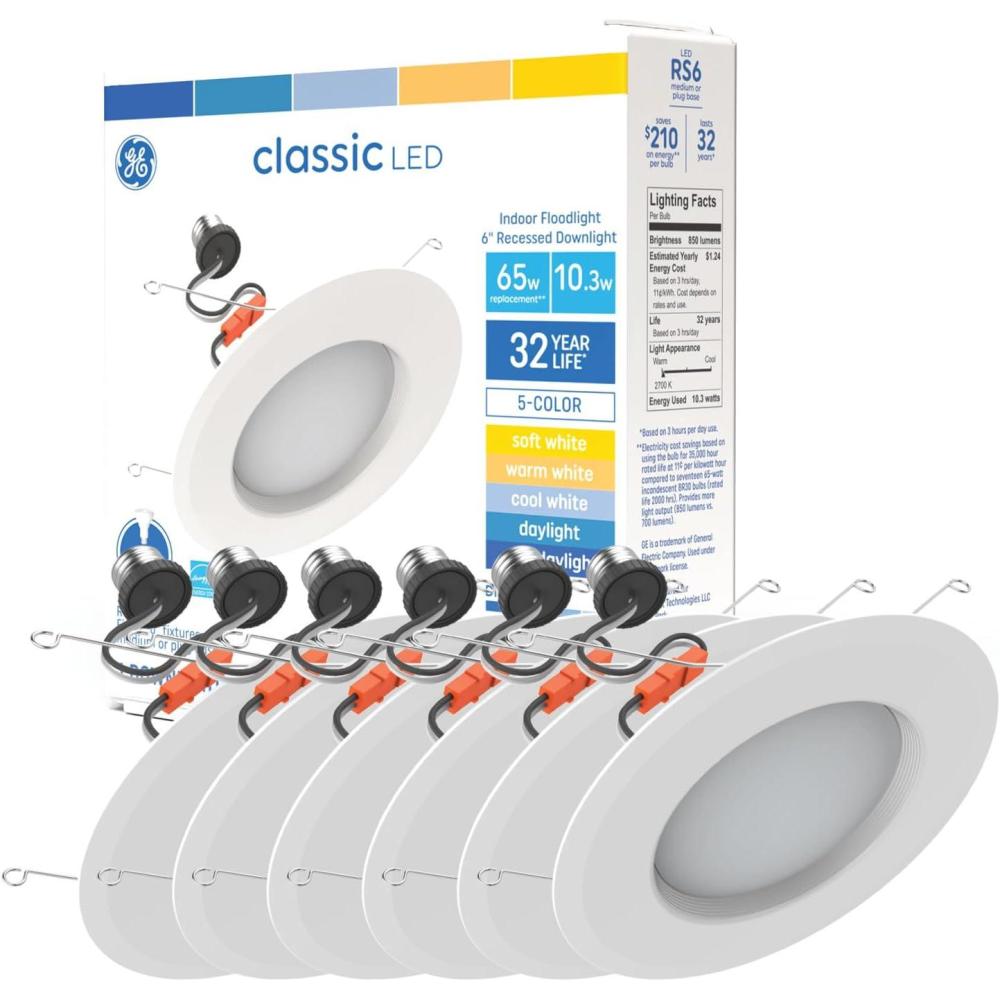 imageGE Color Select LED Recessed Downlight Fixture RS6 Indoor Floodlight 6Inch Multiple Color Temperatures 75 Watt Replacement 3 Pack850 Lumens