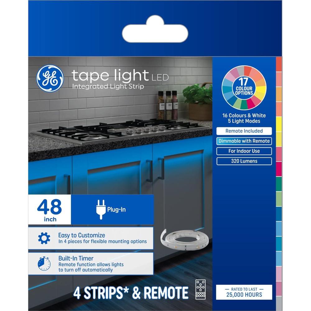 imageGE LED Tape Light Color Changing Plugin Light Fixture with Remote No App or WiFi Required 12in 4 Pack1 ft 4 pack