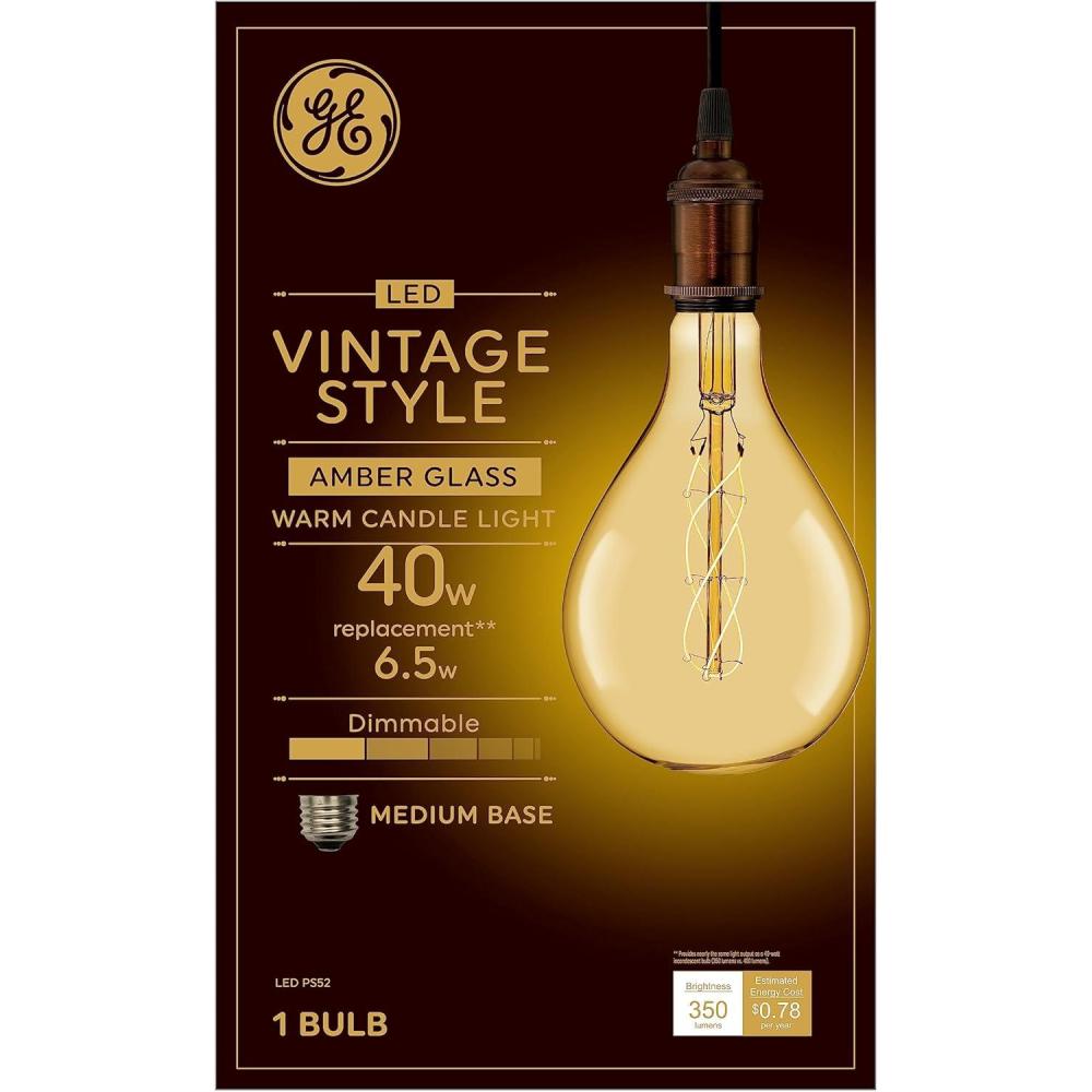 imageGE Vintage Style LED Light Bulb 40 Watt Amber Finish PS52 Large Pear Shaped Bulb 1 PackAmber
