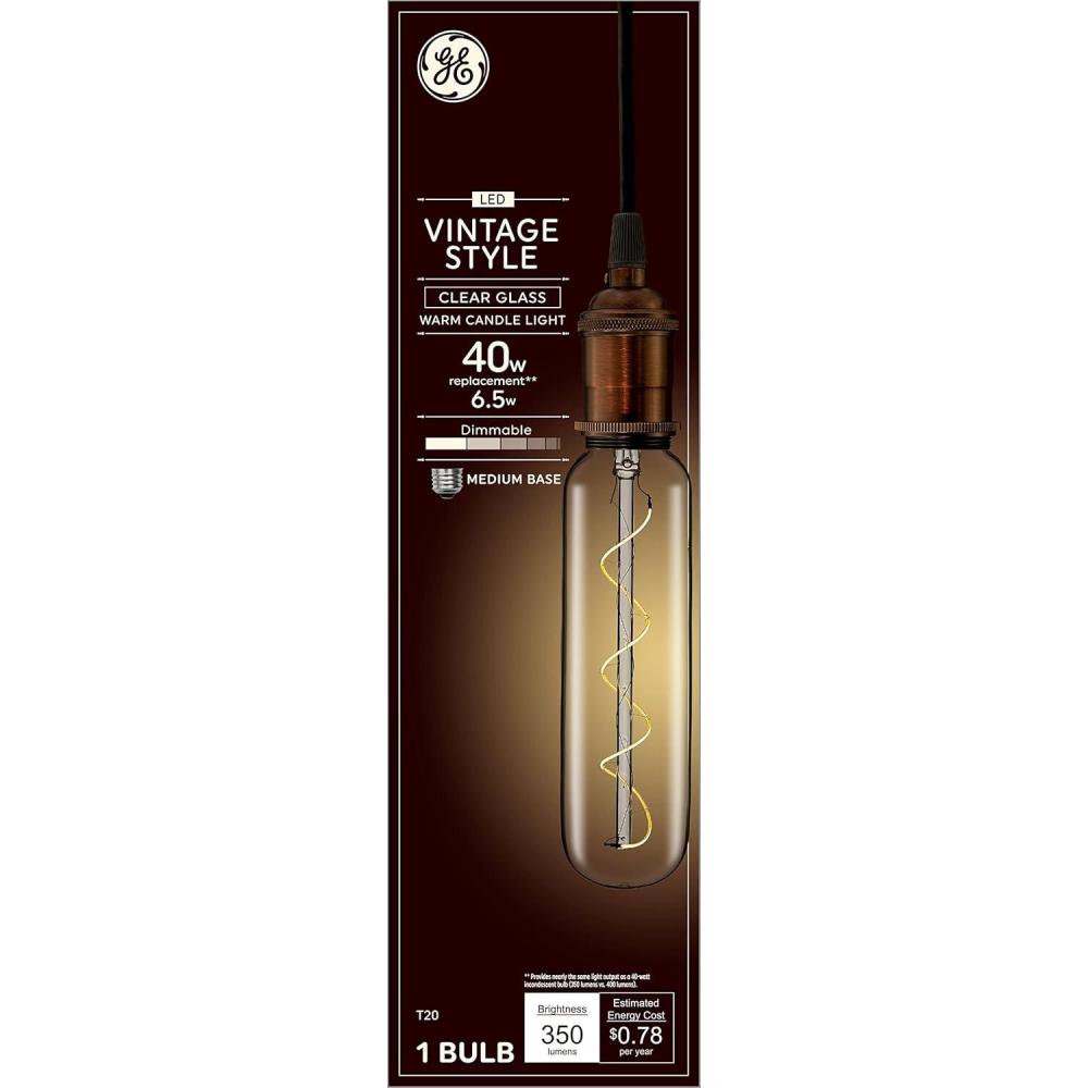 imageGE Vintage Style LED Light Bulb 40 Watt Clear Finish T20 Tube Light Bulb 1 PackClear