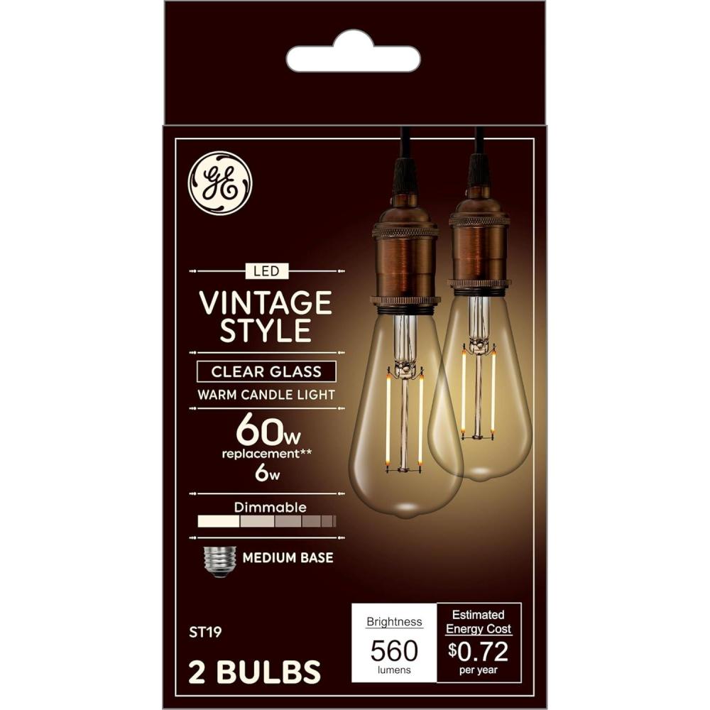 imageGE Vintage Style LED Light Bulbs ST19 Edison Style Bulbs Dimmable LED Bulbs 60 Watt Replacement Clear Glass Warm Candle Light 2 Pack2 Count Pack of 1