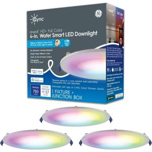 GE CYNC Reveal HD+ Wafer Smart LED Downlight Fixture, Full Color Changing Lights, Wifi and Bluetooth LED Lights, 13 Watts, Works with Amazon Alexa and Google Home, 4 Inches (3 Pack)