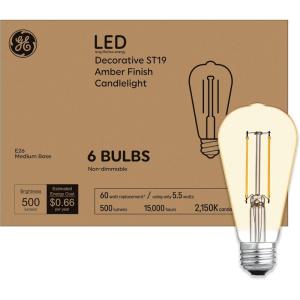 GE Vintage Style LED Light Bulbs, 60 Watt, Amber Finish, ST19 Edison Style Bulbs (6 Pack)(25 Watt)