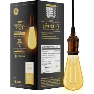 GE Vintage Style LED Light Bulbs, 60 Watt, Amber Finish, ST19 Edison Style Bulbs (6 Pack)(Decorative)
